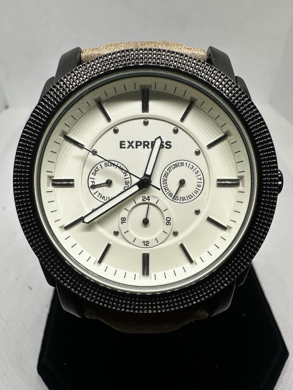 Express Mens Watch Chronograph White Dial Brown Leather Silver Quartz 30m Analog